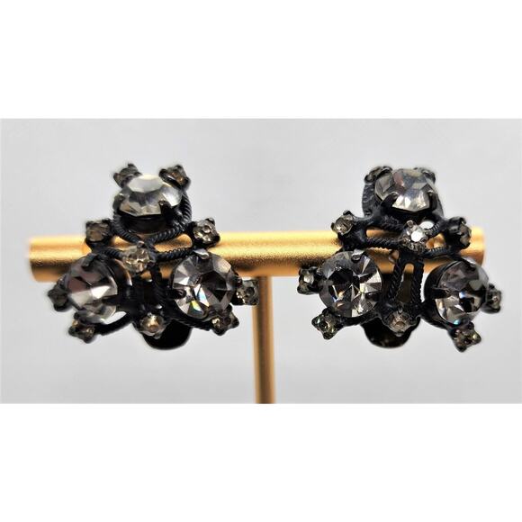Earrings-Clip On-Vintage Joseph Warner-Black Metal-Dark Rhinestones - Picture 6 of 10